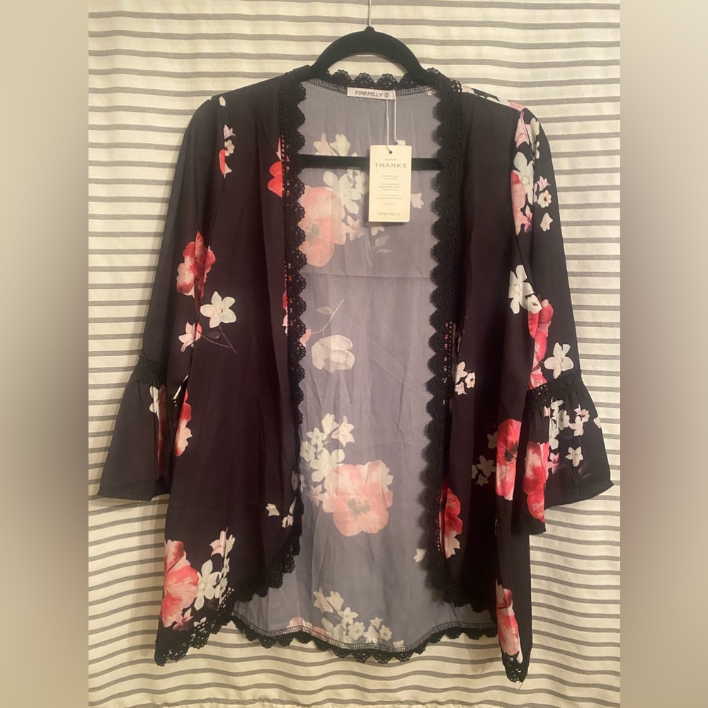 Pink Milly Women’s shirt top kimono black floral NEW NWT